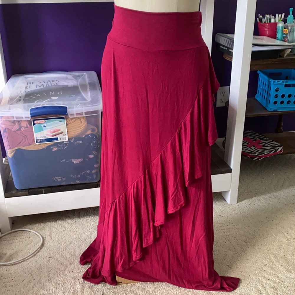Maroon Faux Wrap Skirt with Ruffle Detail